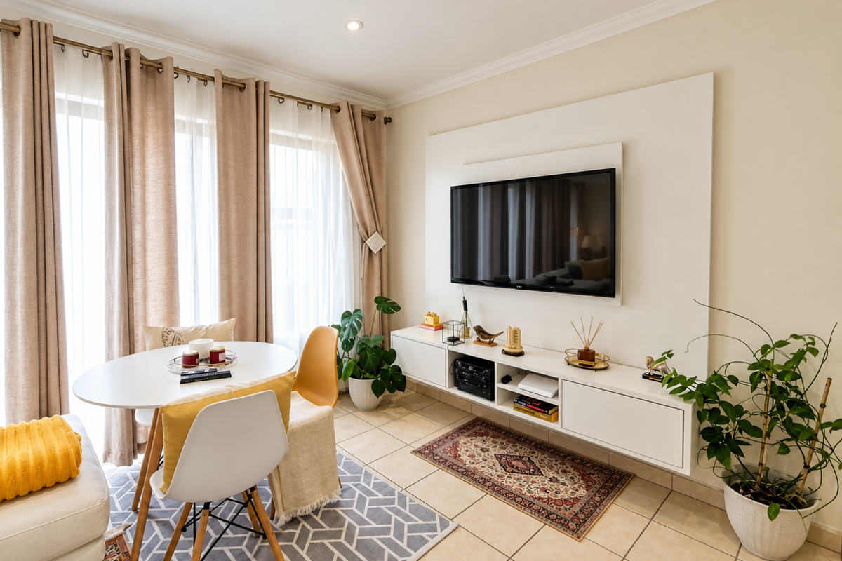 A bright living area featuring tiled flooring, a wall-mounted media console, and large windows with floor-to-ceiling curtains.