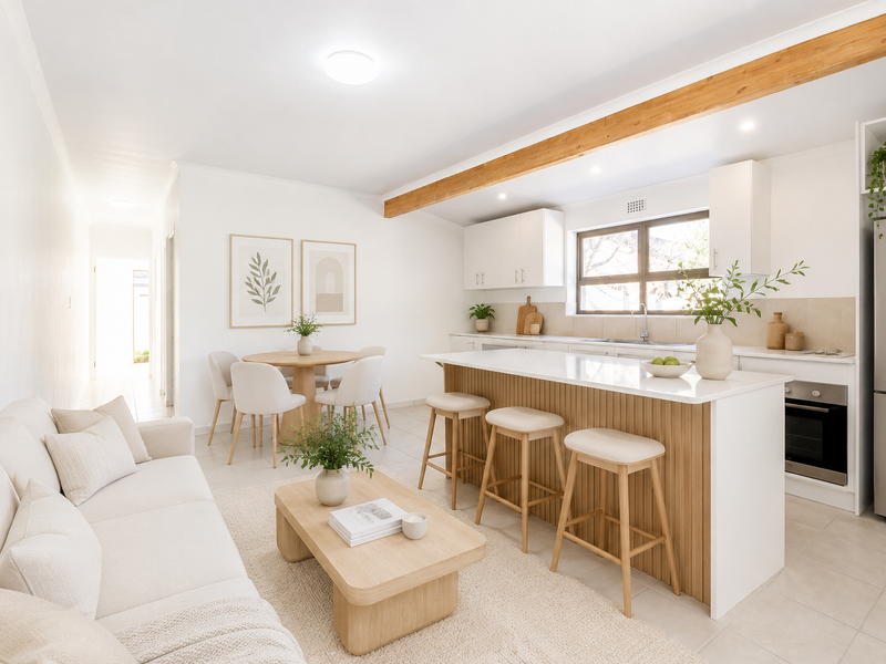 Bright open-plan living and kitchen area featuring a central island, modern cabinetry, tiled floors, and an exposed timber beam.