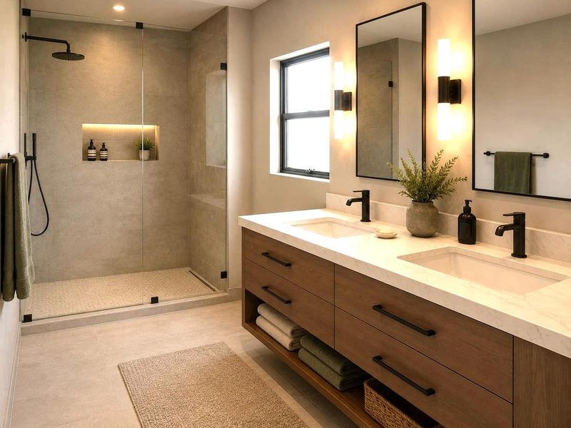 Modern bathroom featuring a double vanity with stone countertop, walk-in shower with glass enclosure, and contemporary fixtures.