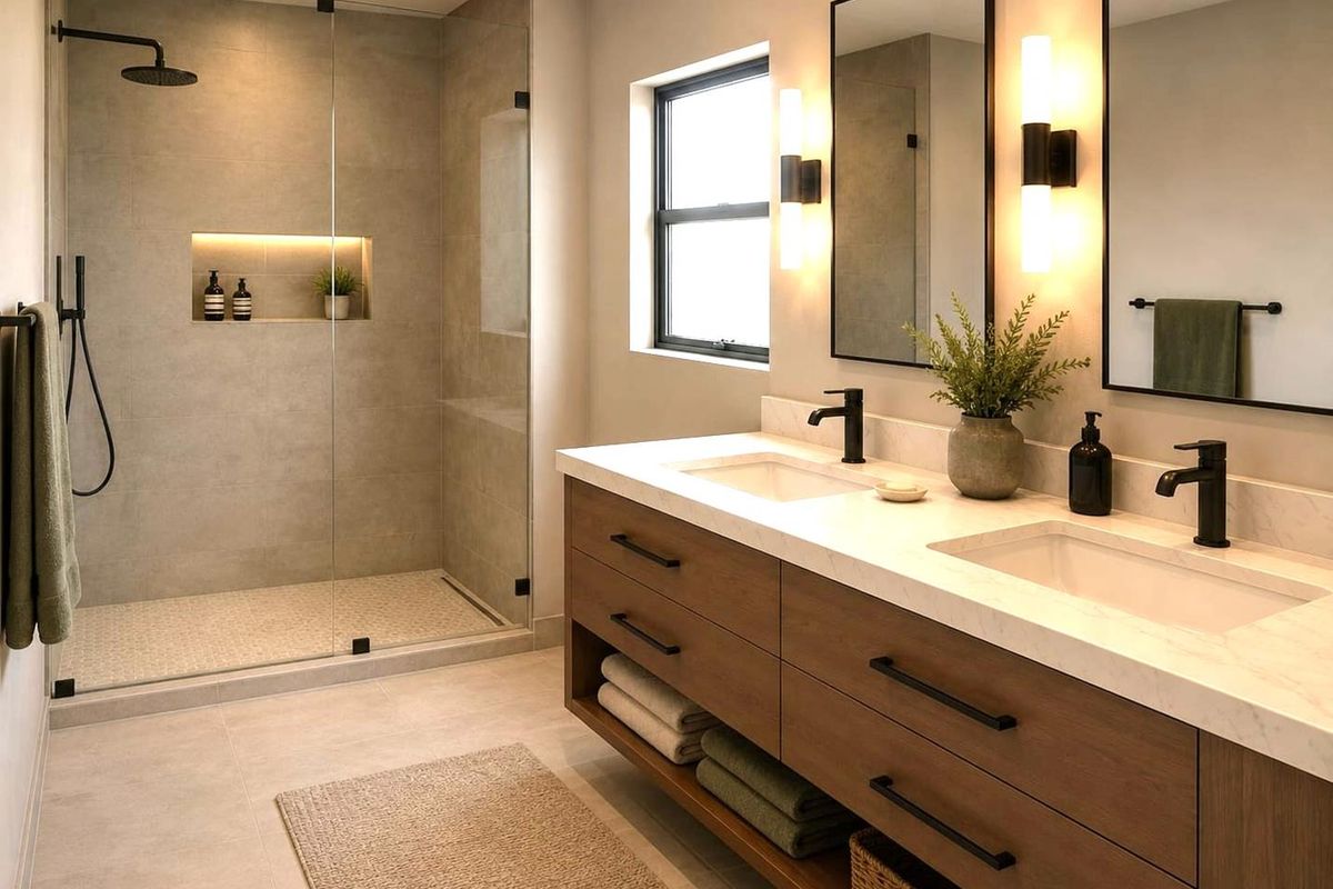 Modern bathroom featuring a double vanity with stone countertop, walk-in shower with glass enclosure, and contemporary fixtures.