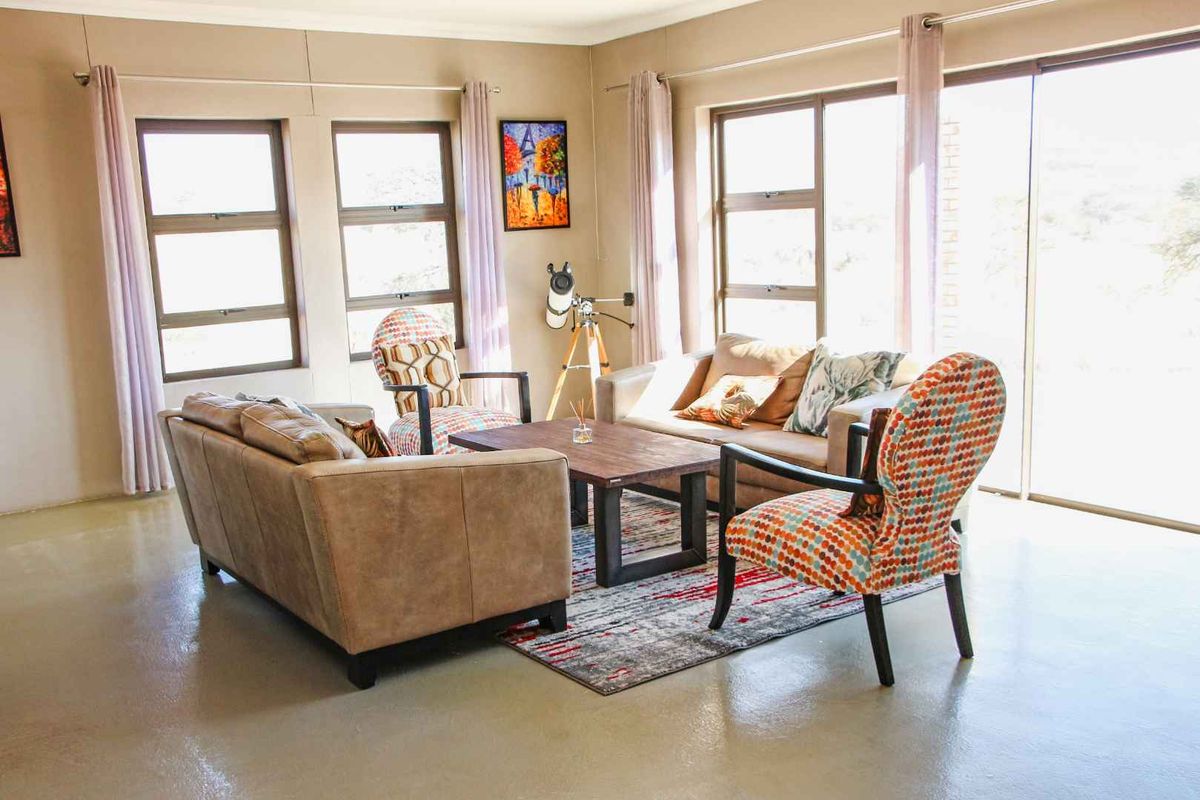A bright living room featuring polished concrete floors, large aluminium-framed windows, and sliding glass doors that provide ample natural light and outdoor access.