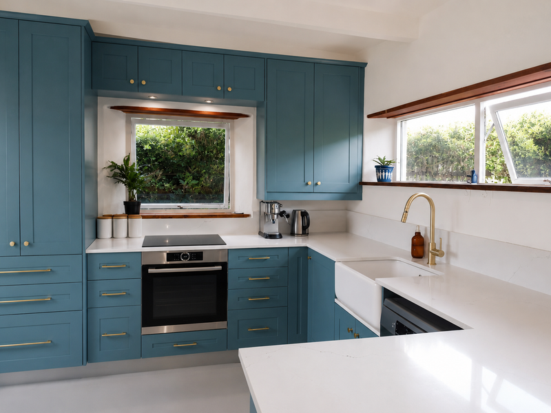 Modern kitchen featuring teal shaker-style cabinetry, white quartz countertops, a farmhouse sink with brass fixtures, and high-quality built-in appliances.