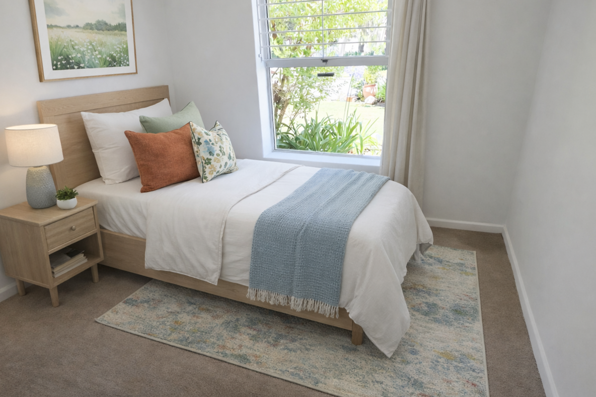 A bright and cozy bedroom featuring neutral carpeting, a large window with plantation shutters, and a view of the garden.