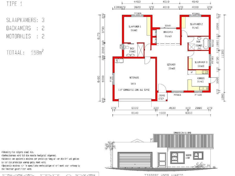 Architectural floor plan showing a 158m2 house layout with three bedrooms, two bathrooms, and a double garage.