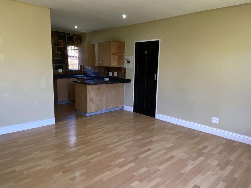 Open plan living area featuring laminate flooring and a compact kitchen with built-in cabinetry and stone countertops.