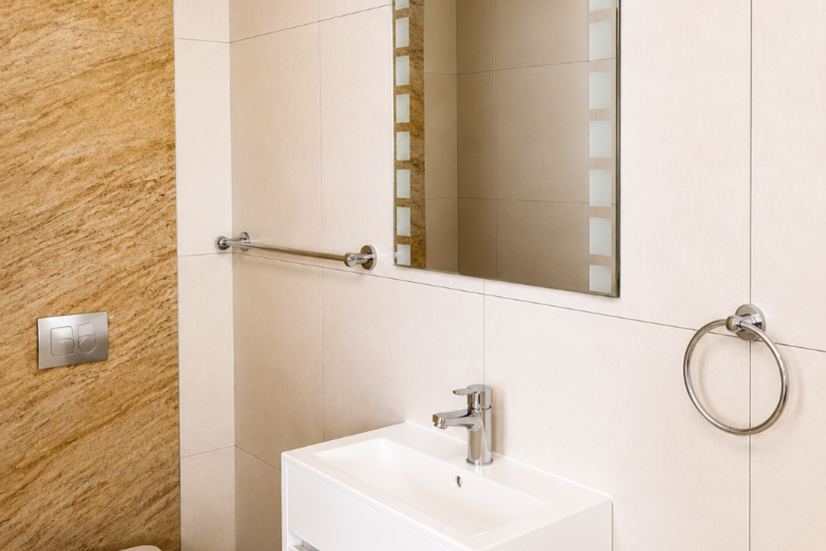 Modern bathroom featuring a wall-mounted toilet, sleek vanity cabinet with basin, chrome fixtures, and neutral ceramic wall tiling.
