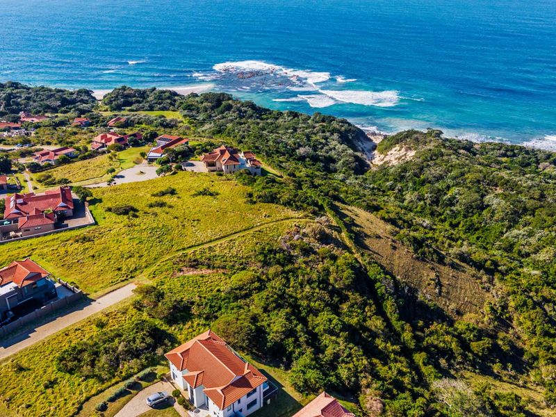 An aerial view of a coastal residential estate featuring established homes, green spaces, and direct proximity to the ocean.