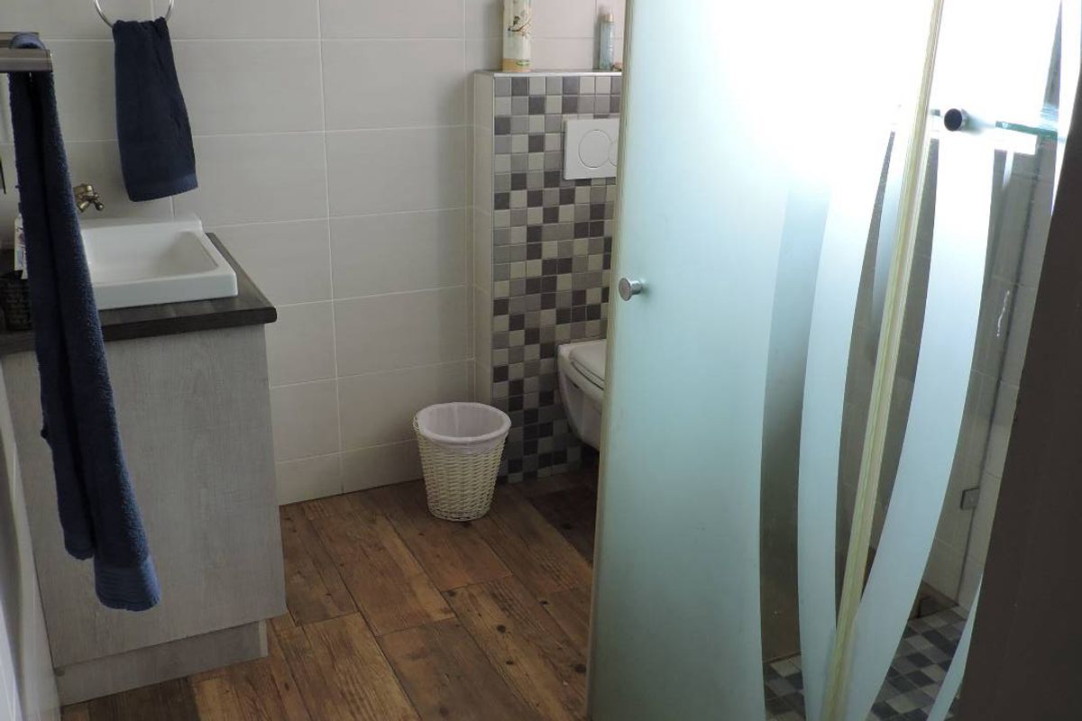 A modern bathroom featuring a vanity with a basin, a wall-mounted toilet with mosaic tiling, and a glass-enclosed shower with wood-look flooring.