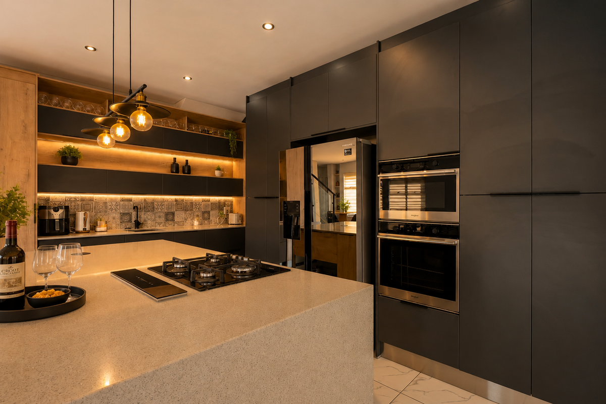 Modern kitchen featuring dark matte cabinetry, stone countertops, a central island with a gas cooktop, and high-end built-in appliances with integrated lighting.