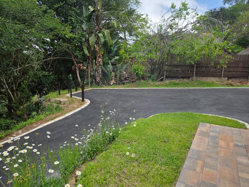 A well-maintained rear outdoor area featuring a paved patio, asphalt driveway, and established garden borders with perimeter fencing.