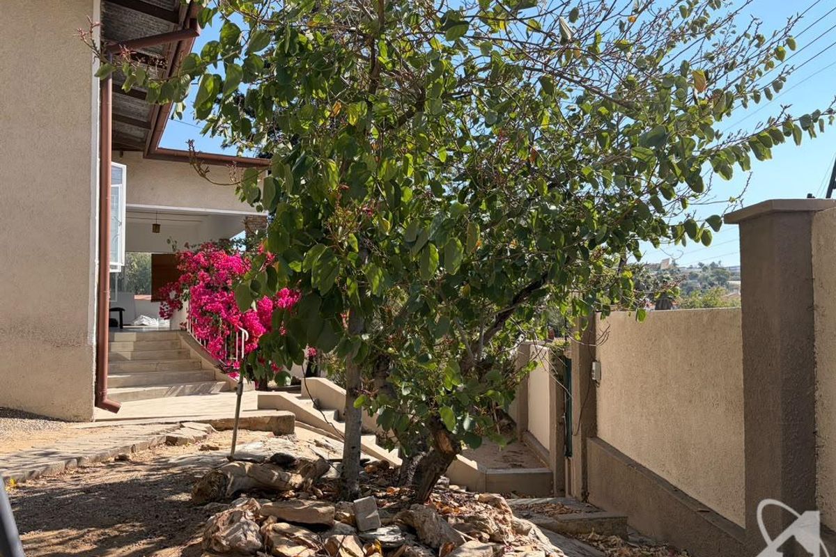 Rear garden area featuring a paved walkway, staircase with railing, and established landscaping alongside the property's exterior wall.