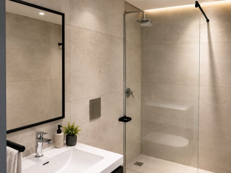 Modern bathroom featuring large format neutral tiles, a frameless glass walk-in shower with rain head, and a sleek wall-mounted vanity.