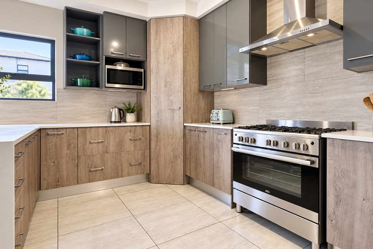 Modern kitchen featuring wood-grain and grey cabinetry, stone countertops, stainless steel gas stove, and integrated extractor fan with neutral tiled flooring.