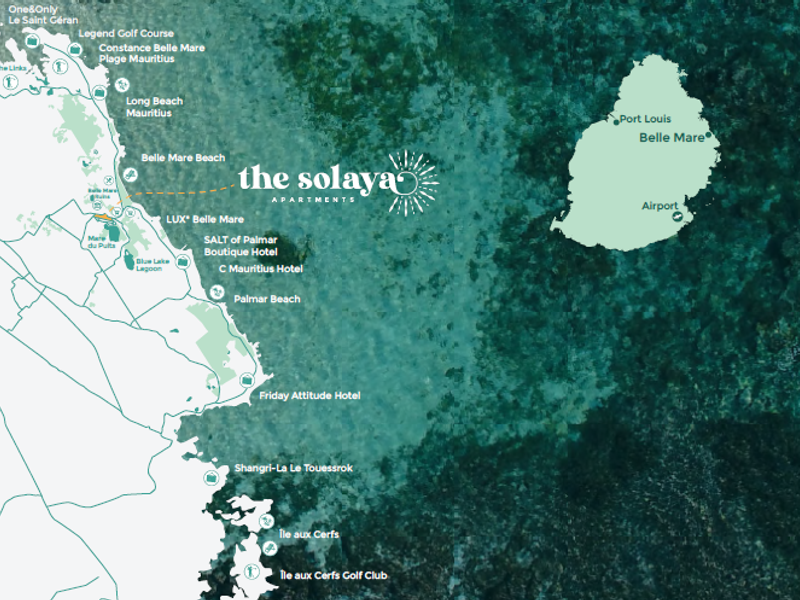 A location map highlighting the proximity of The Solaya Apartments to various coastal landmarks, beaches, and resorts in Mauritius.