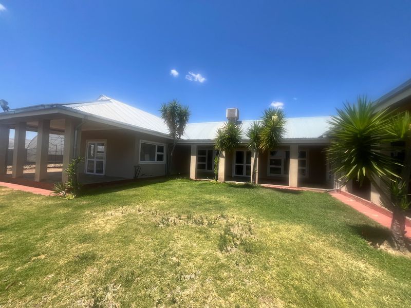 Rear view of the house featuring a covered patio area, concrete pillars, and a well-maintained lawn with established landscaping.