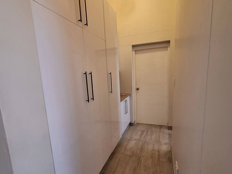 A clean, modern hallway featuring floor-to-ceiling white built-in cabinetry and wood-look tile flooring, leading to an internal door.