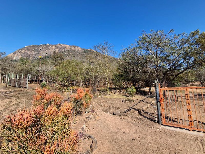 A view of the property grounds featuring an electric gate, perimeter fencing, and established garden vegetation with a mountain backdrop.