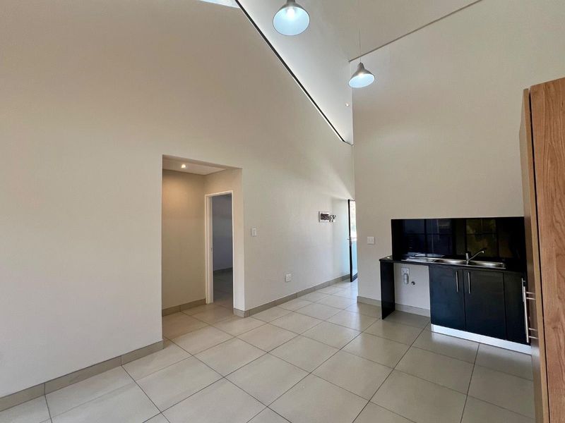 Open-plan living area featuring high vaulted ceilings, tiled flooring, and a compact kitchenette with modern cabinetry and a stainless steel sink.