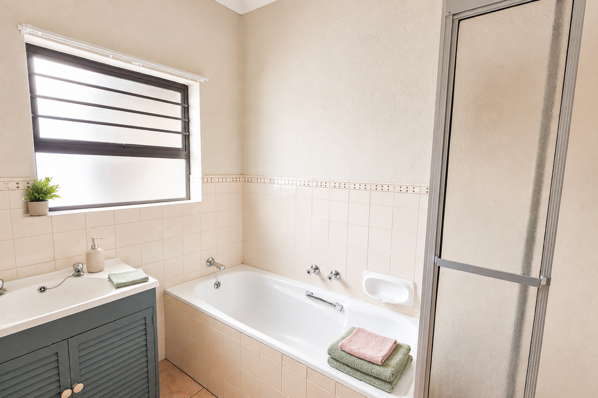 A functional bathroom featuring a built-in vanity, a bathtub, and a separate shower enclosure with tiled wall finishes.