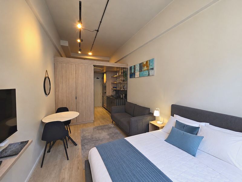 A modern open-plan studio apartment featuring light wood-tone cabinetry, track lighting, and durable laminate flooring, creating a functional and well-organized living space.