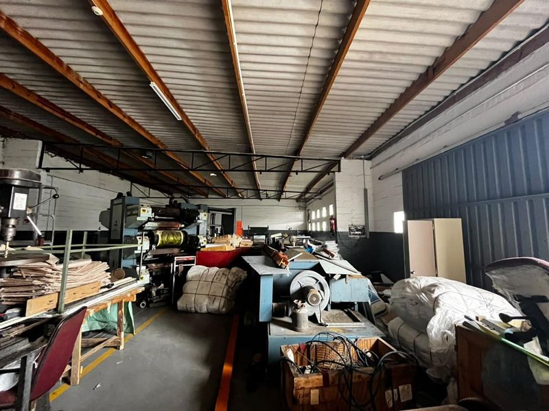 Spacious industrial utility area featuring exposed timber roof trusses, corrugated metal roofing, and concrete flooring, suitable for manufacturing or storage operations.