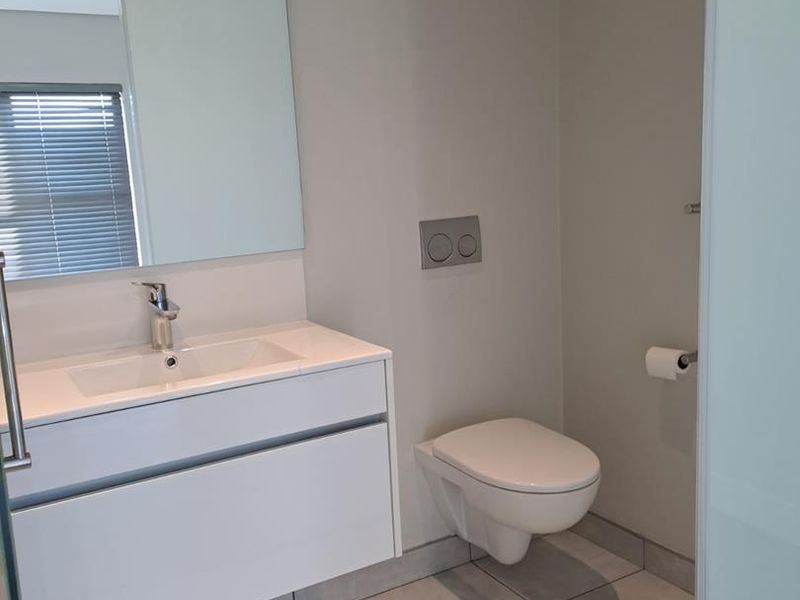 A modern, minimalist bathroom featuring a wall-hung vanity with basin, wall-hung toilet with concealed cistern, and large wall mirror.