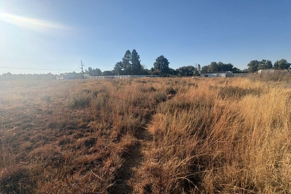 A wide-angle view of a vacant residential plot featuring dry grass and surrounding perimeter fencing.