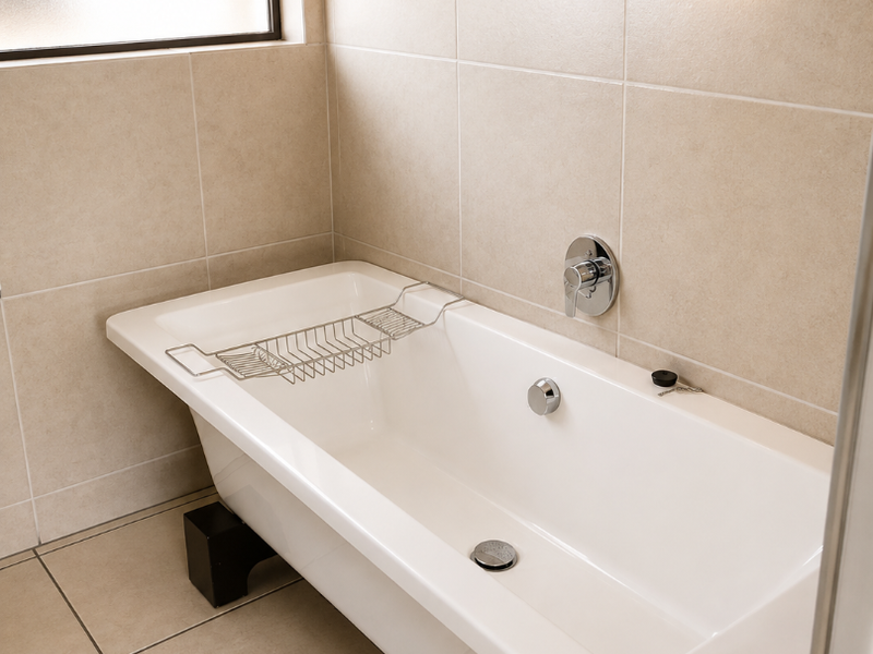 A clean, modern bathroom featuring a white freestanding bathtub with wall-mounted fixtures and neutral ceramic tiling throughout.
