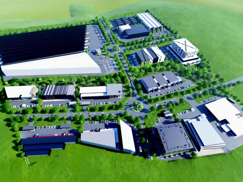 An aerial 3D architectural rendering of a large-scale industrial business park development featuring multiple warehouse units, office buildings, and integrated parking infrastructure.