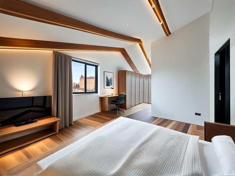 Modern bedroom featuring exposed timber beams, recessed lighting, hardwood flooring, and extensive built-in cabinetry with an integrated desk area.