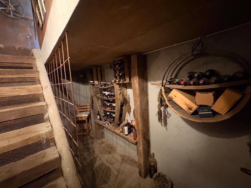 Rustic wine cellar featuring timber staircase, metal mesh balustrade, and built-in timber wine storage shelving.