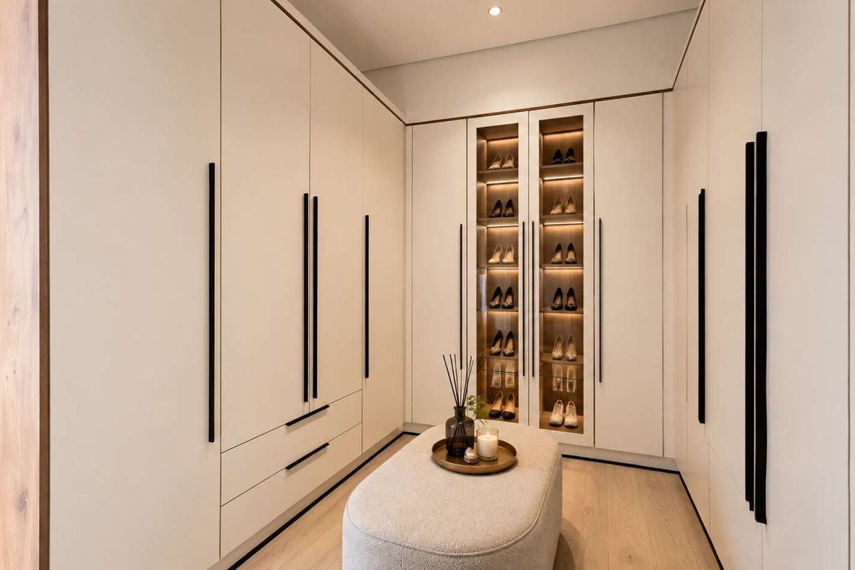 A modern, high-end walk-in closet featuring extensive floor-to-ceiling built-in cabinetry with integrated display shelving and sleek matte black hardware.