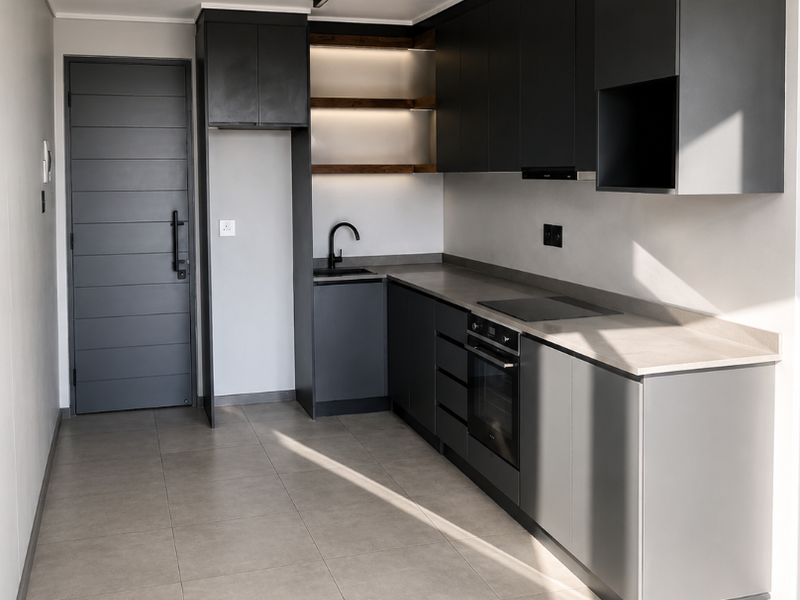 Modern kitchen featuring sleek dark grey cabinetry, integrated oven, electric hob, and minimalist open shelving with recessed lighting and neutral tiled flooring.