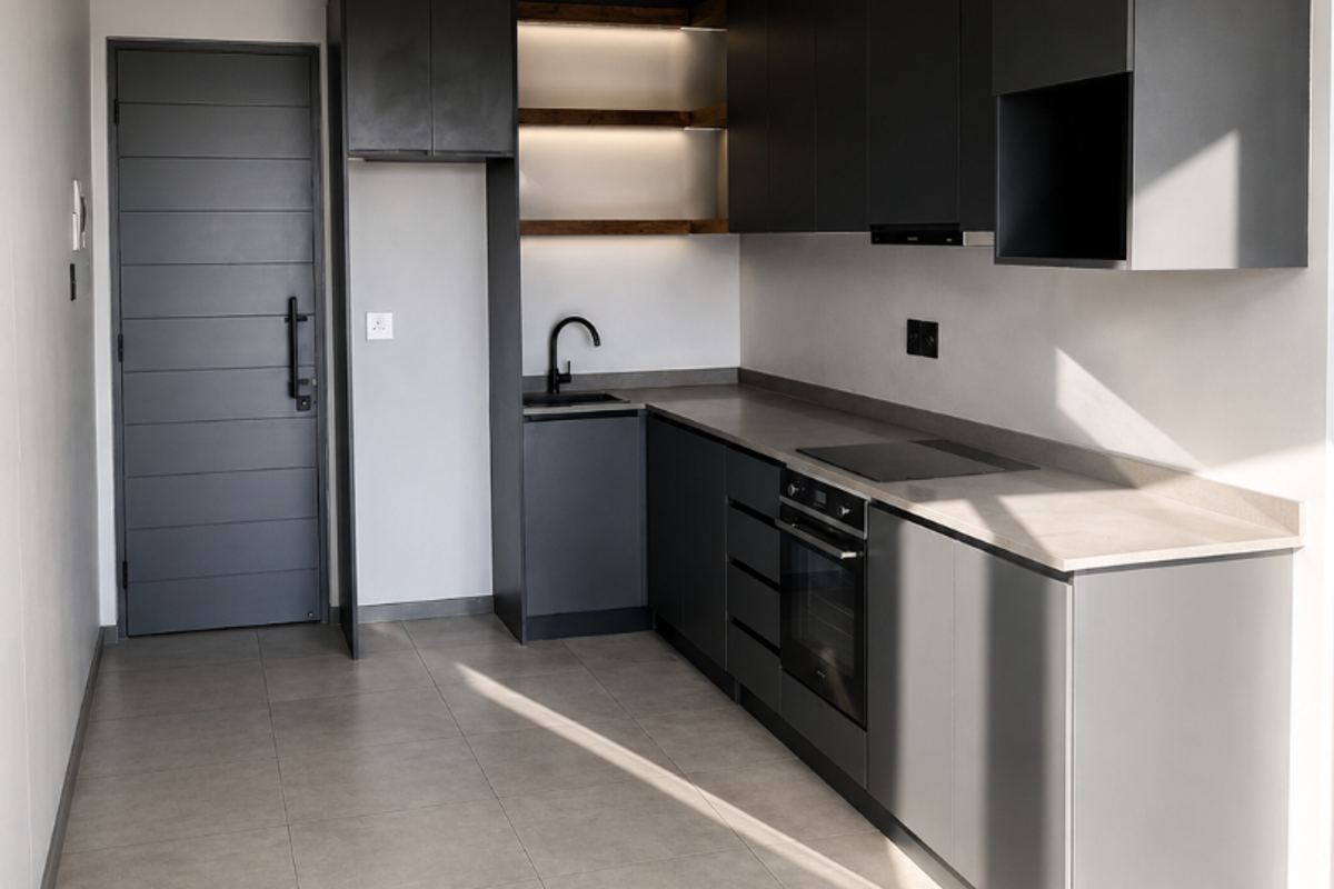 Modern kitchen featuring sleek dark grey cabinetry, integrated oven, electric hob, and minimalist open shelving with recessed lighting and neutral tiled flooring.