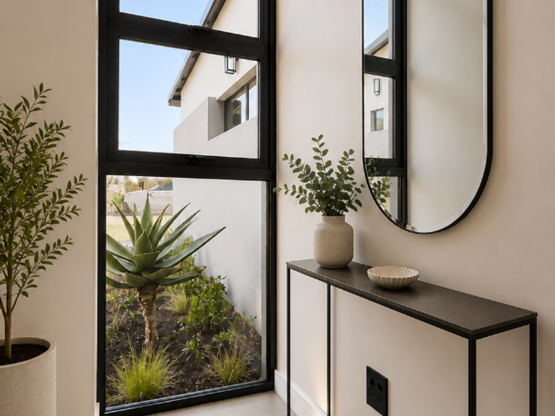 A bright and modern entrance hall featuring large floor-to-ceiling windows with black aluminium frames and neutral tiled flooring.