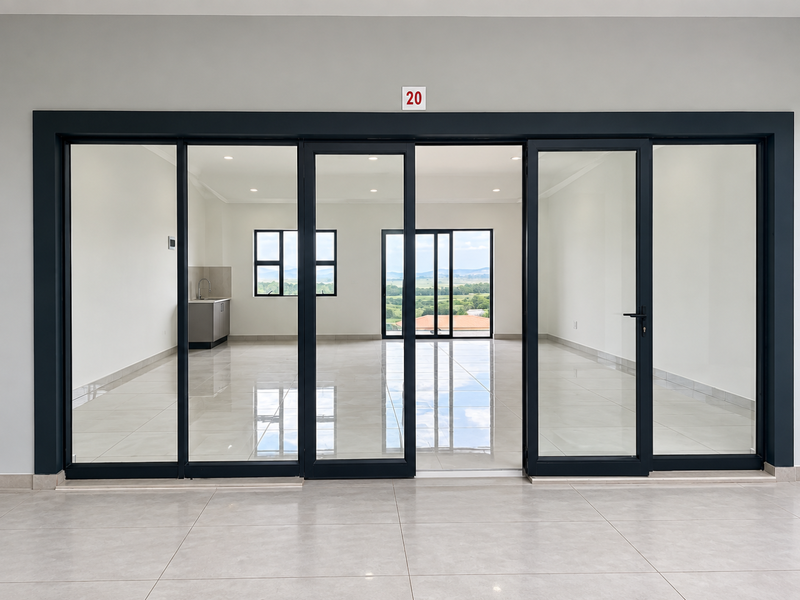 Modern open-plan retail or office space featuring large glass sliding doors, polished tile flooring, recessed lighting, and a functional kitchenette area with scenic views.