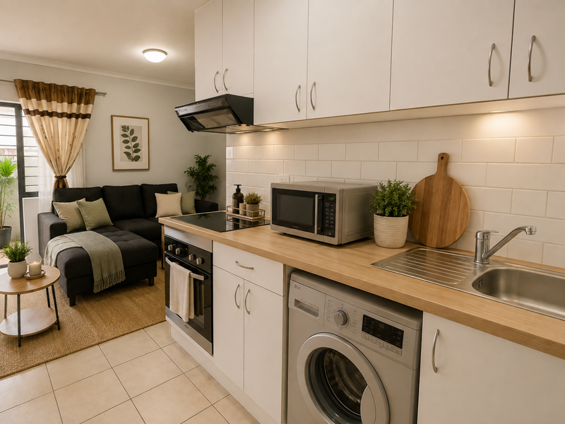 A modern open-plan kitchen and living area featuring white cabinetry, subway tile backsplash, integrated appliances, and light-toned laminate countertops.