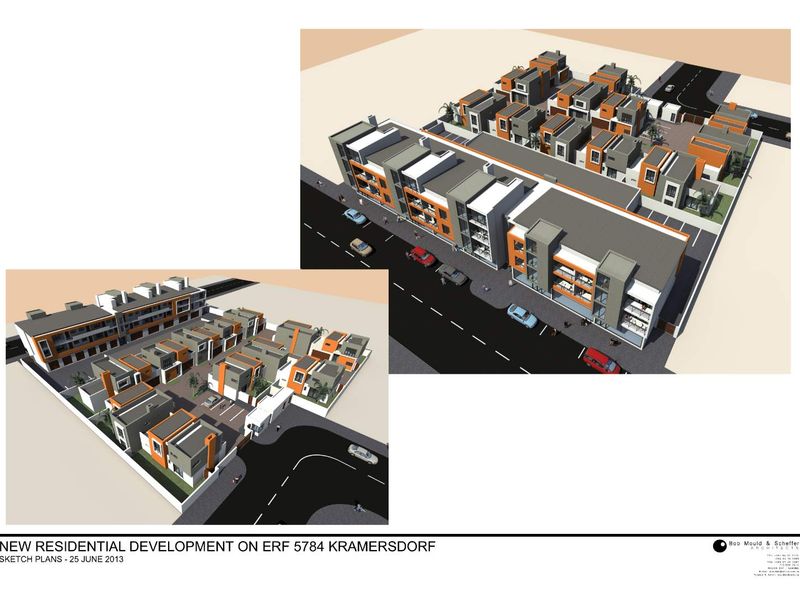 Architectural 3D render showing the site layout and exterior design of a new residential development project.