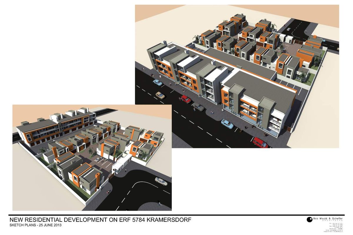 Architectural 3D render showing the site layout and exterior design of a new residential development project.