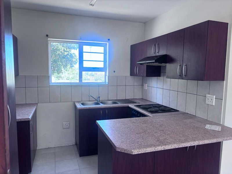 Functional kitchen featuring dark wood-finish cabinetry, laminate countertops, a double sink, and a built-in electric hob with an extractor fan.