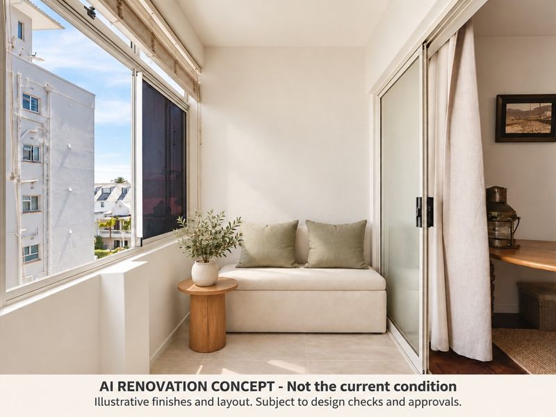 A bright, enclosed balcony featuring large sliding glass doors and expansive windows, offering a light-filled space with views of the surrounding neighborhood.
