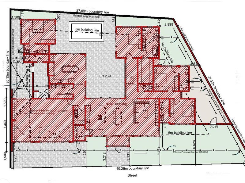 Architectural site plan showing the property layout, boundary lines, building lines, and sewer infrastructure for Erf 239.