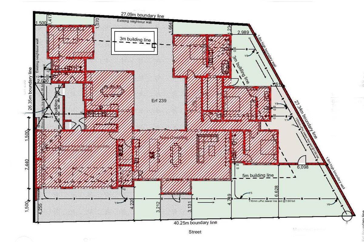 Architectural site plan showing the property layout, boundary lines, building lines, and sewer infrastructure for Erf 239.