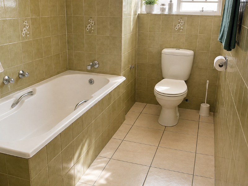 A functional bathroom featuring a built-in bathtub, ceramic wall and floor tiling, and a window providing natural light.
