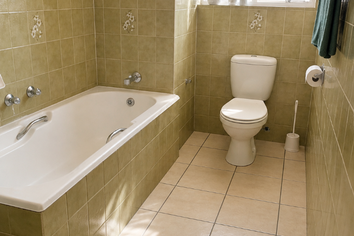 A functional bathroom featuring a built-in bathtub, ceramic wall and floor tiling, and a window providing natural light.