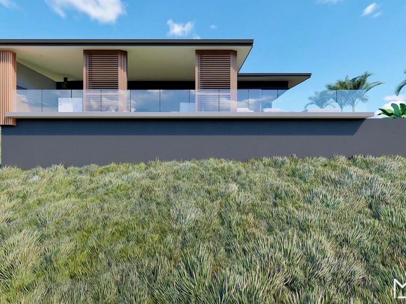 A modern architectural rendering of a rear elevation featuring a flat roof, timber accents, and a glass balustrade overlooking a sloped landscape.