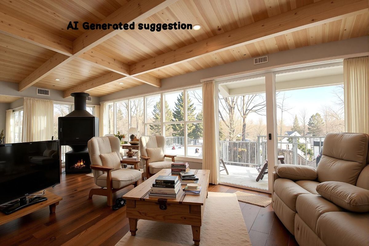 Spacious living room featuring exposed timber ceiling beams, a modern freestanding fireplace, hardwood flooring, and large sliding glass doors opening to an outdoor balcony.