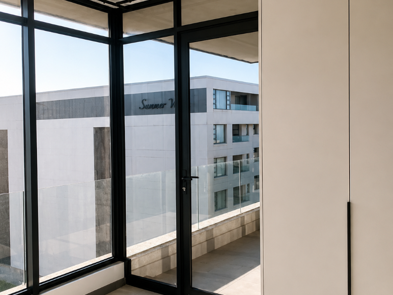 A bright, modern bedroom featuring floor-to-ceiling windows, built-in wardrobes, and direct access to a private balcony with glass balustrades.