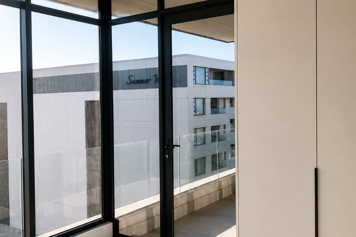 A bright, modern bedroom featuring floor-to-ceiling windows, built-in wardrobes, and direct access to a private balcony with glass balustrades.