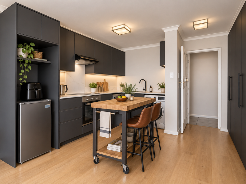 Modern kitchen featuring sleek dark cabinetry, stone-look backsplash, integrated appliances, and light wood-tone flooring, creating a contemporary and functional culinary space.